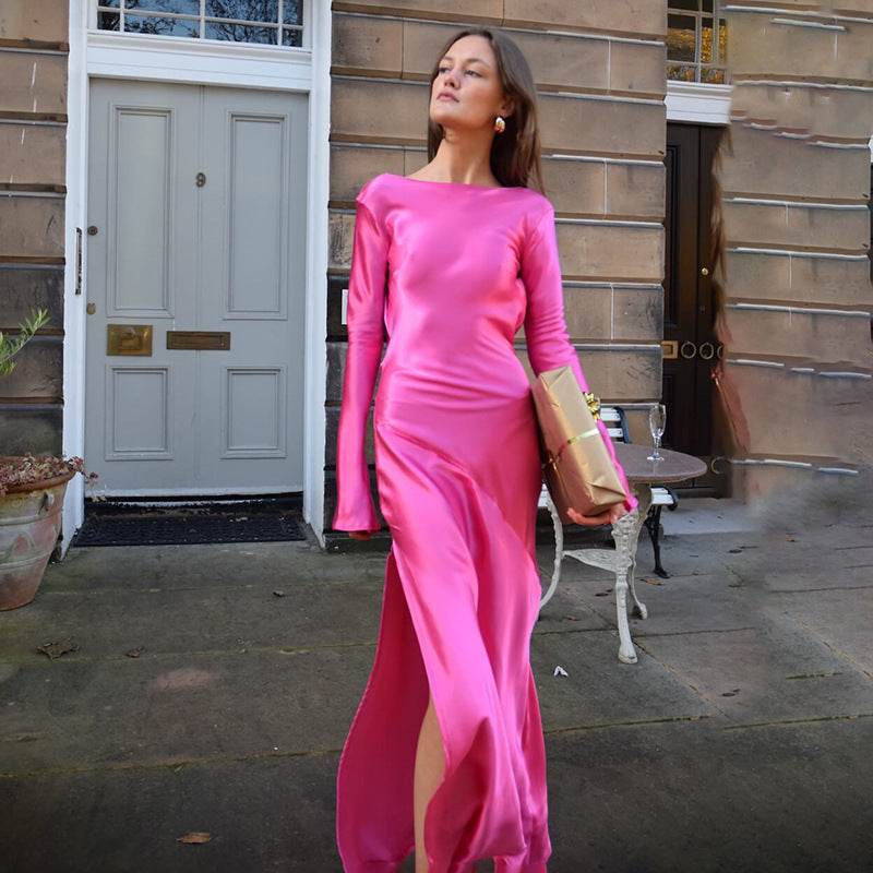 Trendy Long-sleeve Stitching Satin Formal Dress - Mubimart
