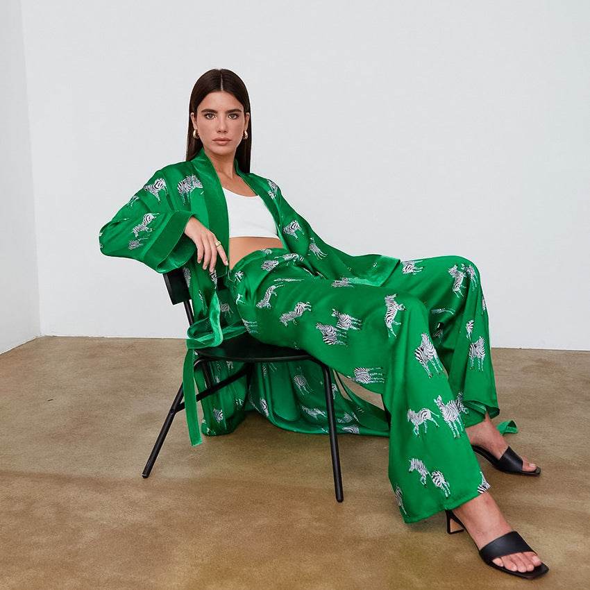 Autumn Print Long-sleeved Plus Long Nightgown Trousers - Mubimart