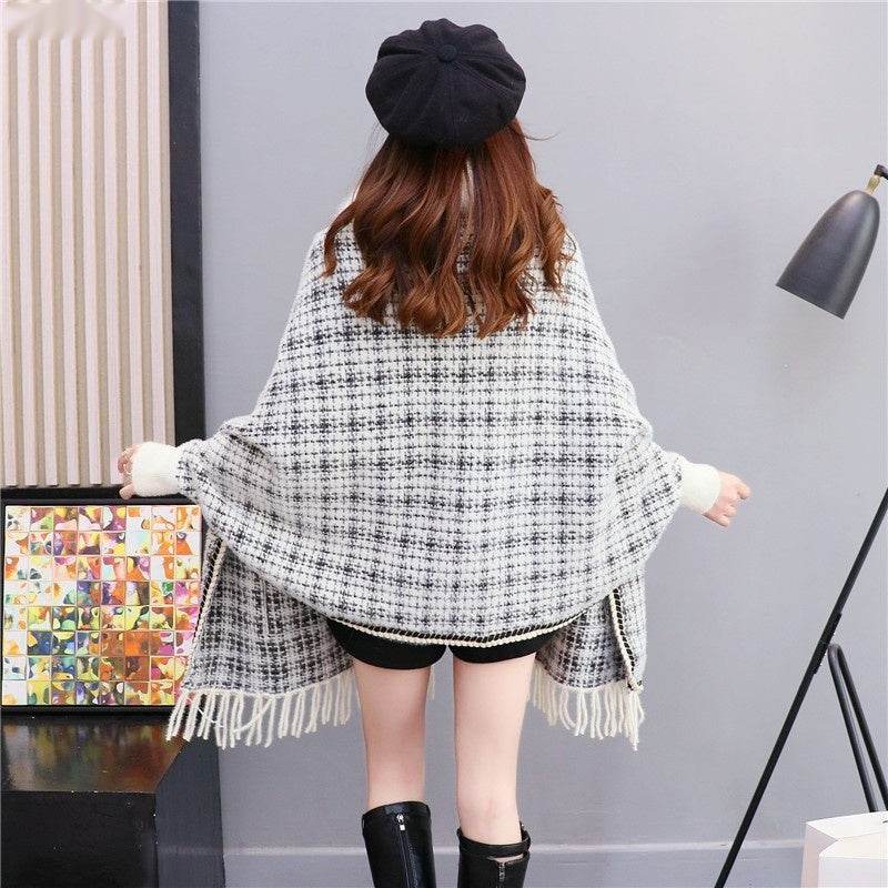 Autumn And Winter New Imitated Mink Cashmere Fur Collar Cape And Shawl Plus Size Tassel Knitted Cardigan - Mubimart