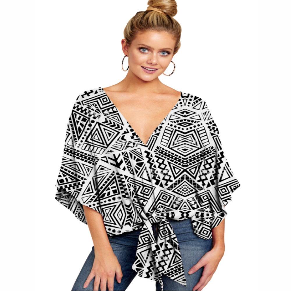 New V Neck Blouse Women Leopard Print Shirts Floral Tie Front Blouses Batwing Summer Oversize Ladies Tops - Mubimart