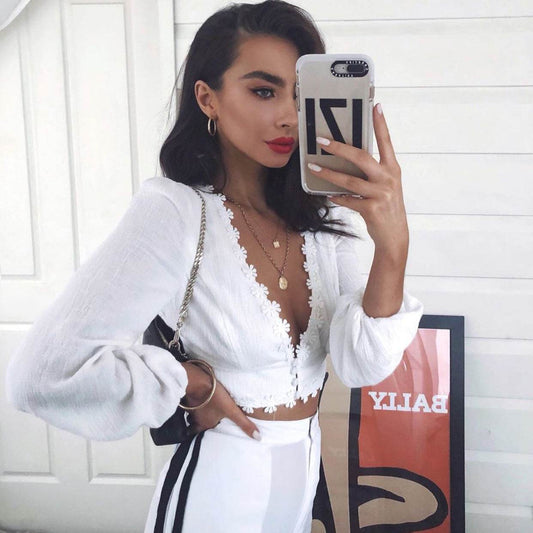 Sexy V Neck Cropped Women Tops And Blouses Floral Lace Shirt - Mubimart