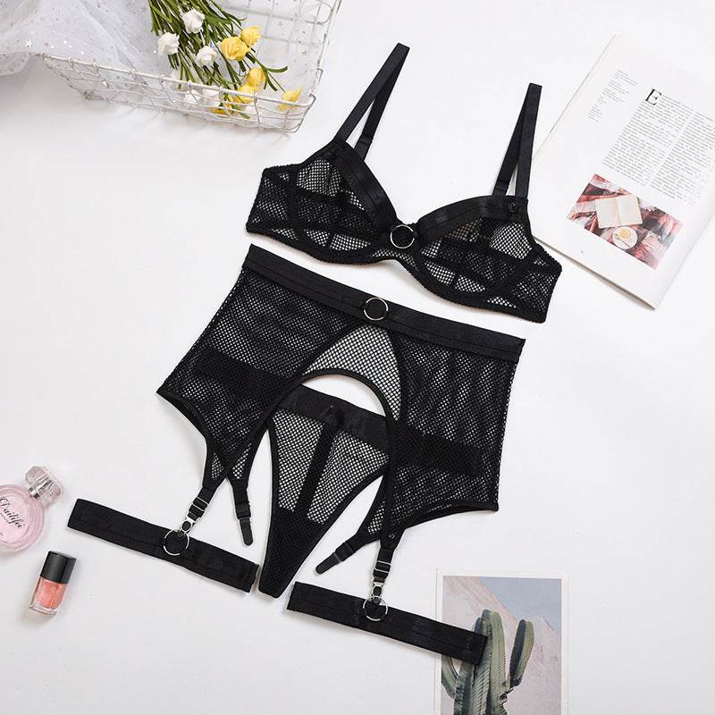 Lace Mesh Cross Strap Garter Belt Three-piece Split Suit - Mubimart