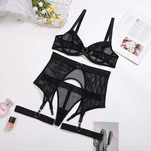Lace Mesh Cross Strap Garter Belt Three-piece Split Suit - Mubimart