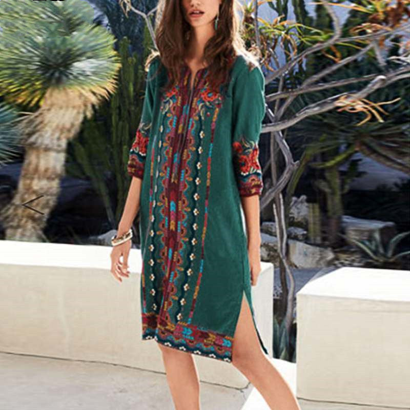 Printed casual tunic dress bohemian - Mubimart -  