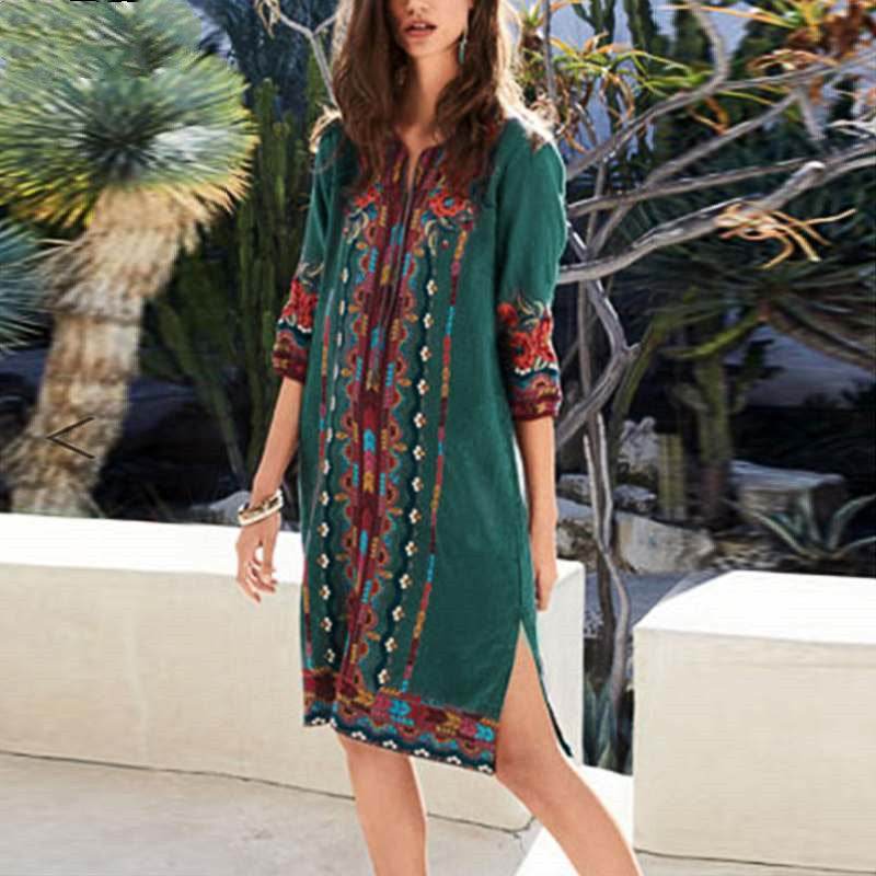 Printed casual tunic dress bohemian - Mubimart