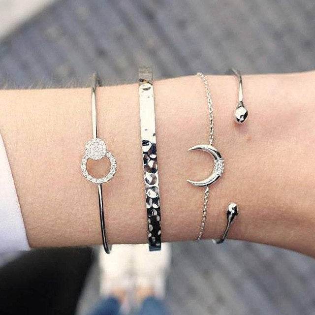 Trendy Gold Silver Crystal Leaf Moon Arrow Cat Bracelet set for Women Geometric Adjustable Bracelet Bangle Pulseiras - Mubimart