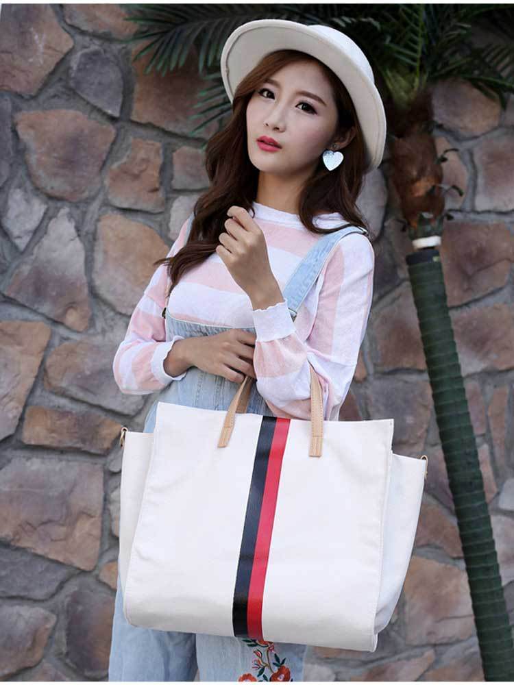 Canvas Ladies Work Bag Women Tote Hand Bag Shoulder Bag for Women Fashion Lady Shopping Canvas Stripe Tote Bags Female Handbags - Mubimart