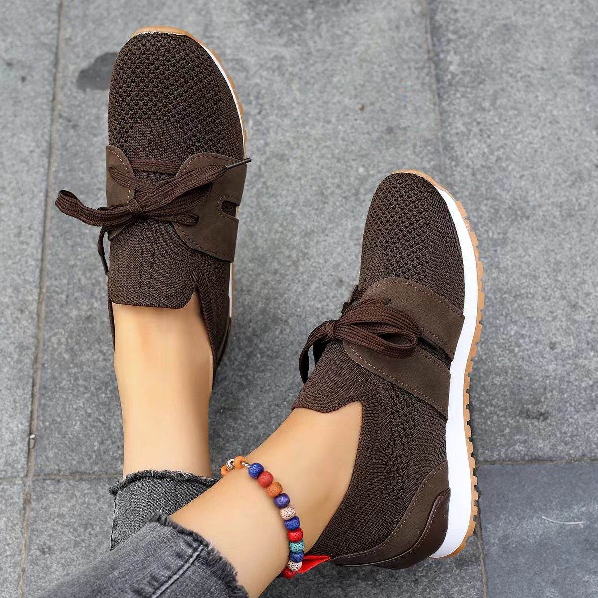 New Lace Up Mesh Flats Shoes For Women Breathable Casual Breathable Walking Wedges Shoes - Mubimart