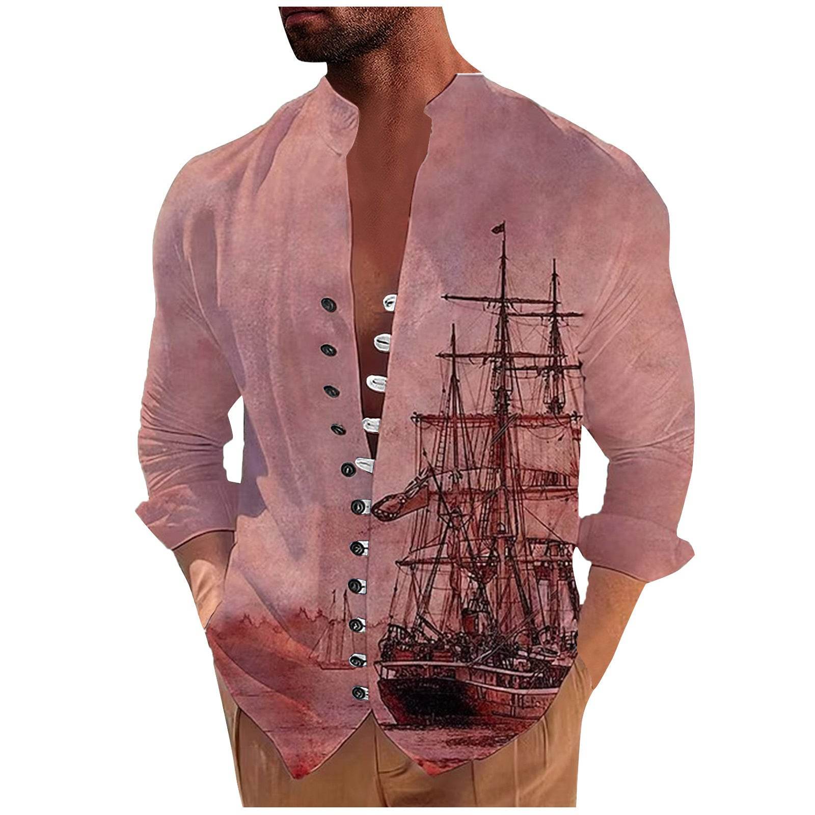 Men's Fashion 3D Vintage Print Sailboat Stand Collar Long Sleeve Button-down Shirt - Mubimart