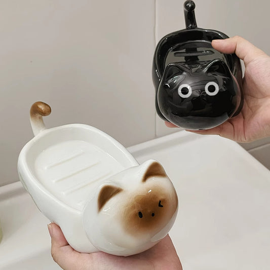 Cat Ceramic Soap Dish Water Storage Platform
