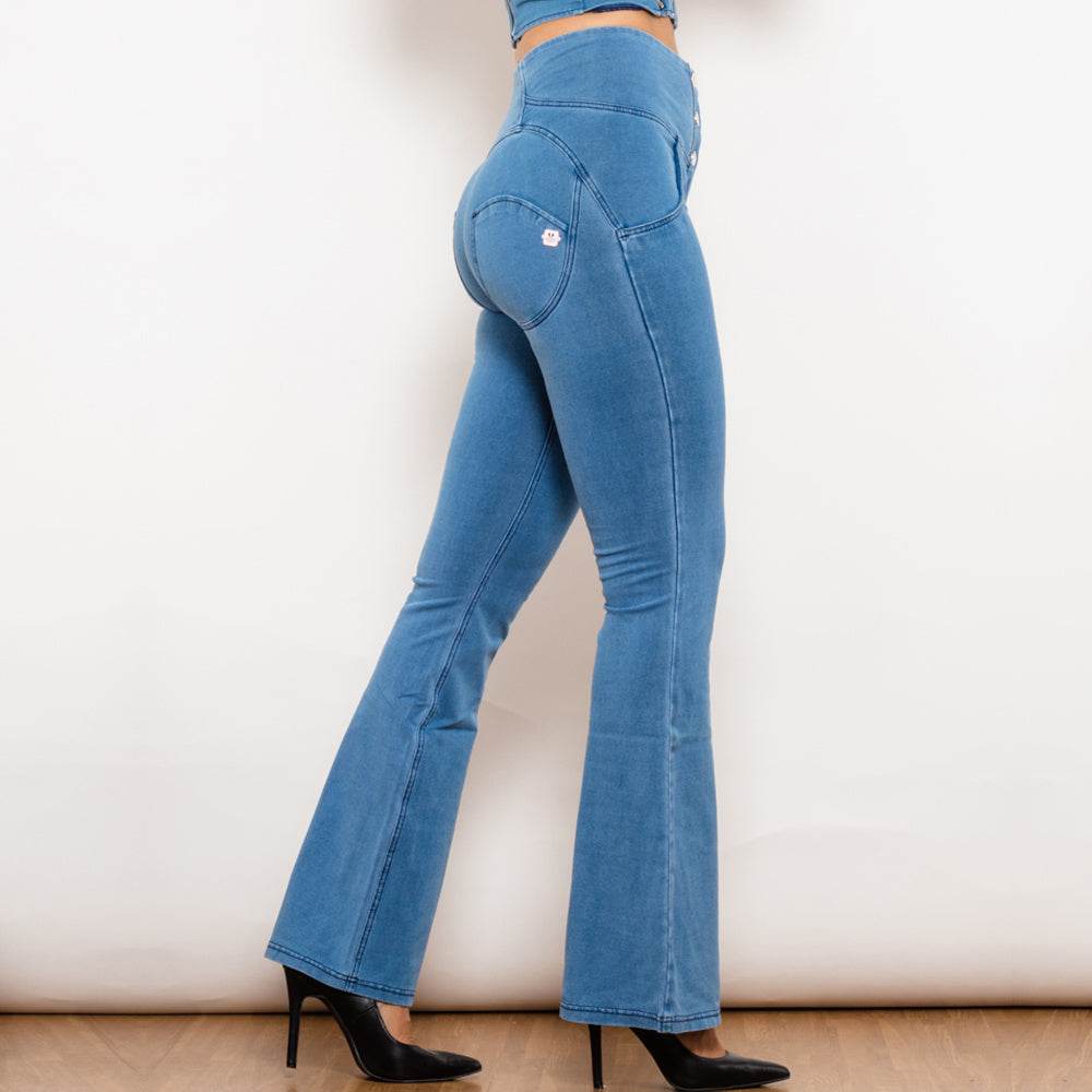 Shascullfites Melody Light Blue Flared Lift Jeggings Button Up Jeans Shaping Jeans Women High Waist Flare Jeans - Mubimart