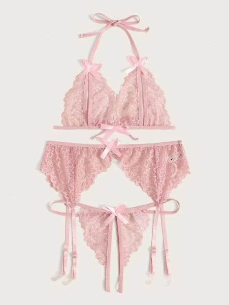 Lace Butterfly Bra Panty Garter Belt Bikini Three-piece Set - Mubimart