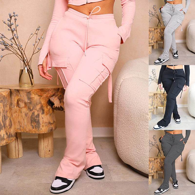 Cargo Pants With Pockets High Waist Drawstring Wide Leg Straight Trousers For Women Overalls - Mubimart