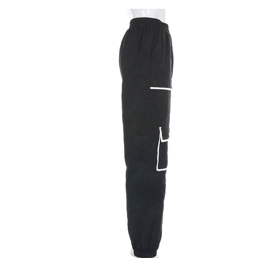 White Stripe Cargo Pants Women Trousers Pockets Patchwork Contrast Color High Waist Pants Hip Hop Capris - Mubimart