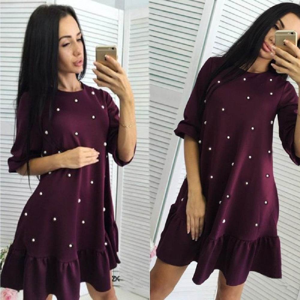 Stylish Autumn Style Women Casual Sleeve Half O-neck Beaded Ruffle Dress Chasuble Autumn Mini Dresses Straight Plus Size - Mubimart