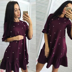 Stylish Autumn Style Women Casual Sleeve Half O-neck Beaded Ruffle Dress Chasuble Autumn Mini Dresses Straight Plus Size - Mubimart -  