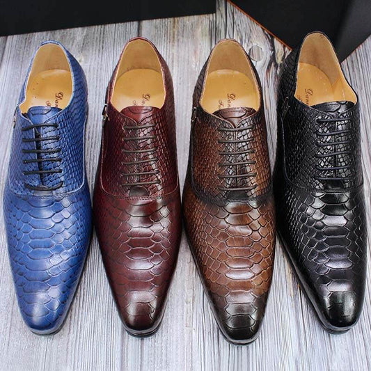 Men's Leather Snake Print Leather Shoes Business Dress Shoes - Mubimart