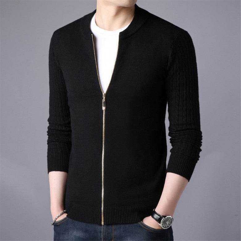 Solid Color Twist Knit Cardigan With Zip Sweater Coat - Mubimart