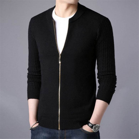 Solid Color Twist Knit Cardigan With Zip Sweater Coat - Mubimart