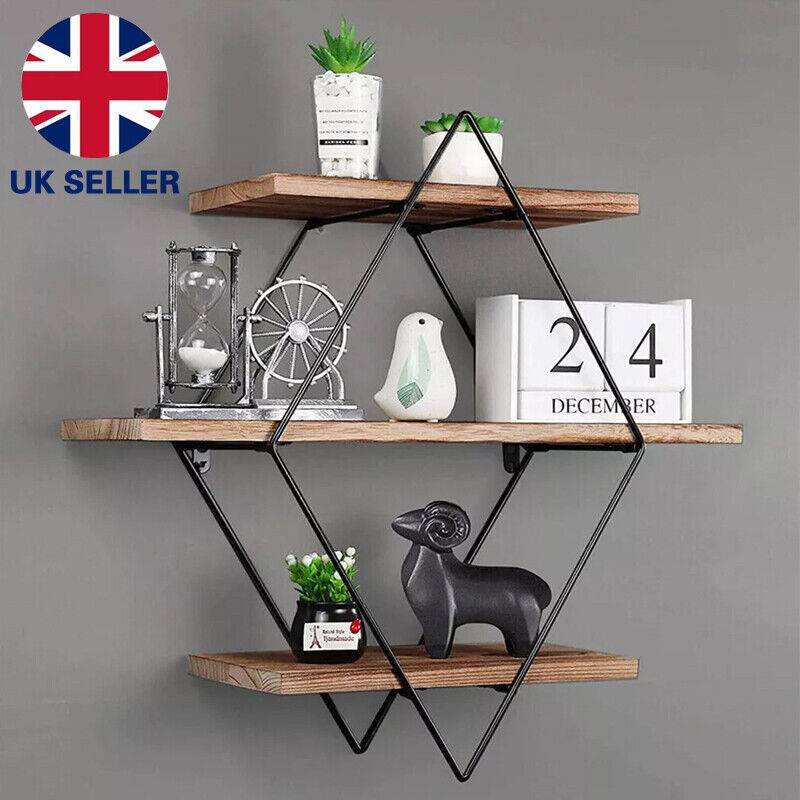 3 Tiered Floating Wall Mounted Display Shelf Wooden Shelves Black Frame Shelving - Mubimart
