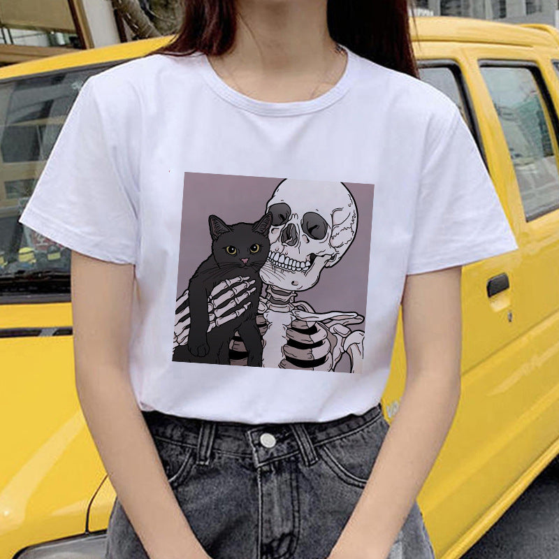 Horro Skull and Cat Femal Tshirt Top Tees kawai T-shirt - Mubimart -  