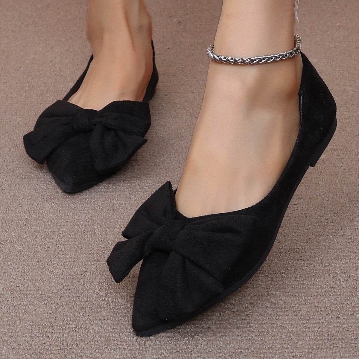 Big Bow Flat Shoes Pointed-toe Low-heeled Shoes Women Fashion Casual Breathable Slip On Flats - Mubimart