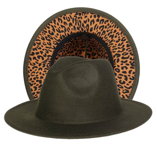 Double-sided Color-blocking Leopard Print Woolen Fedora Hat - Mubimart