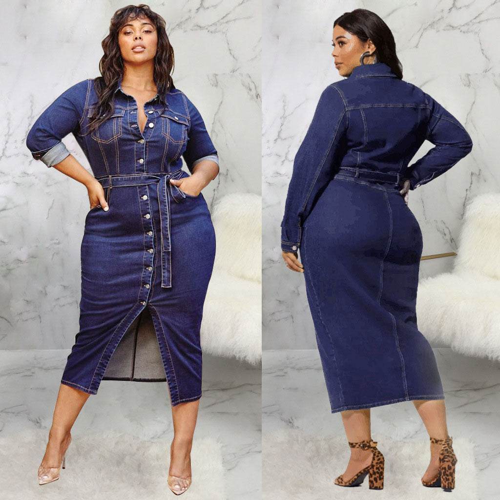 Dress Fashion Plus Size Denim Dress Women Casual, Long Sleeves - Mubimart