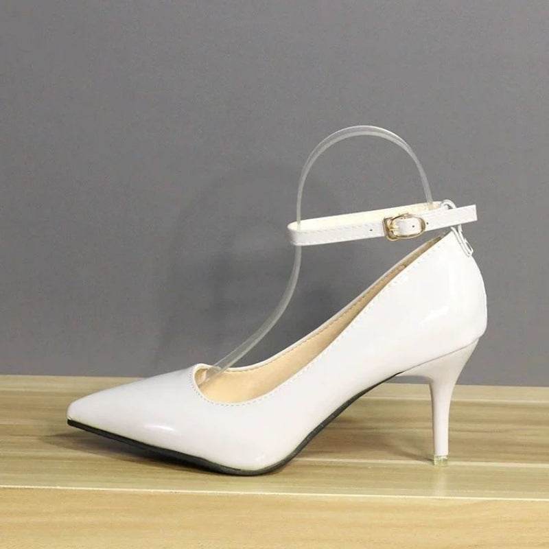 Plus Size One Word Buckle High Heels Female Patent Leather Stilettos - Mubimart