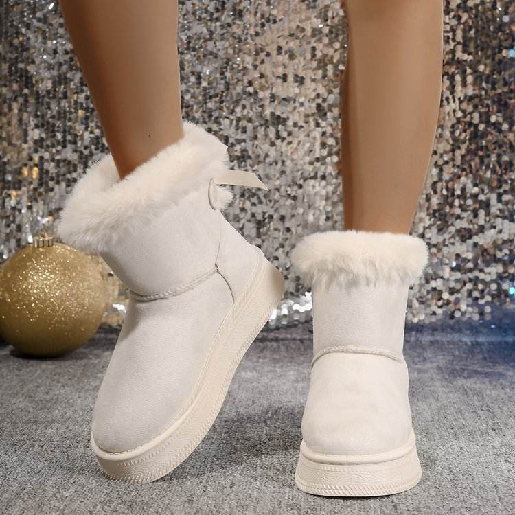 Winter Snow Boots With Bowknot Fashion Round Toe Flat Thickened Suede Cotton Shoes For Women Casual Warm Plush Short Boot - Mubimart