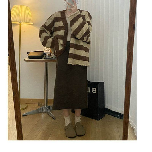 Plus Size Thick Needle Striped Sweater Cardigan - Mubimart