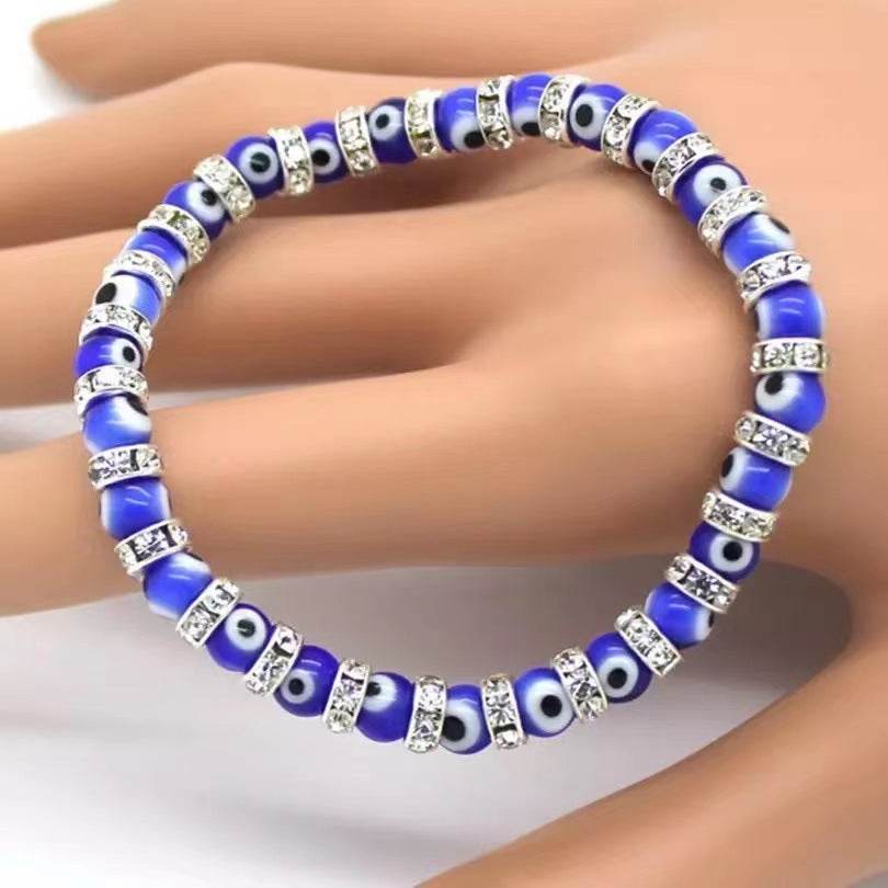 6mm Glass Beaded Alloy Diamond Beaded Elastic Bracelet for Women - Mubimart