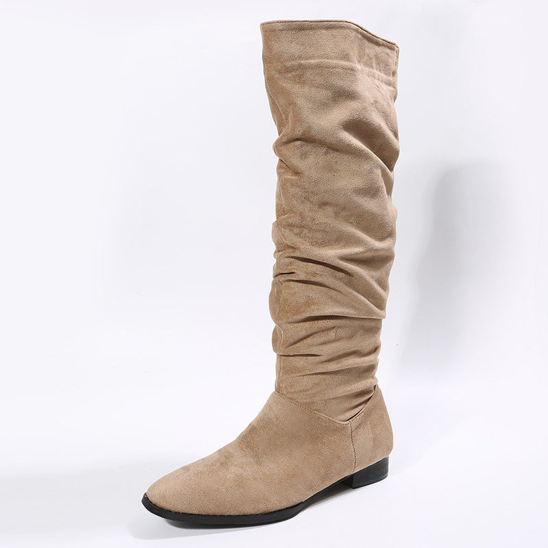 Low Heel Boot Women Faux Suede Pointed Toe Boots Pleated Design Shoes