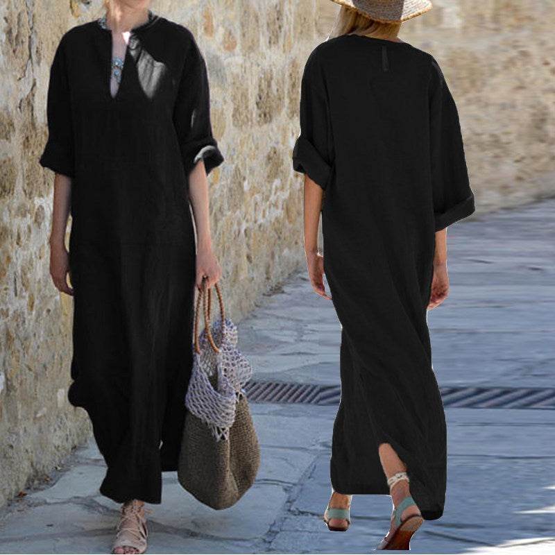 European And American Loose V-neck Plus Size Half Sleeve Split Maxi Dress - Mubimart