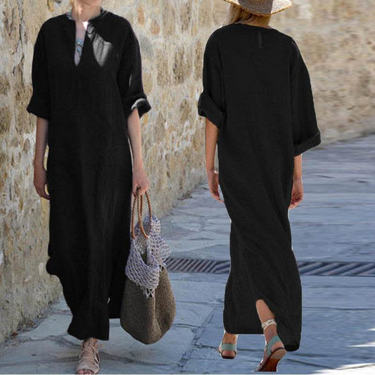 European And American Loose V-neck Plus Size Half Sleeve Split Maxi Dress - Mubimart