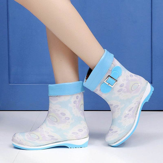 Warm And Velvet Rain Boots Mid-tube Flat Rain Boots - Mubimart