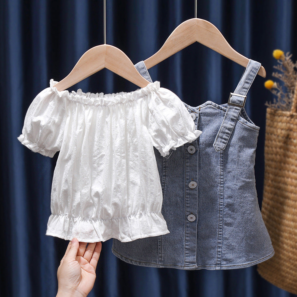 Children\'s Summer Denim Strap Skirt Baby Fashion Short Sleeve Two Piece Set - Mubimart - Baby Cloth 