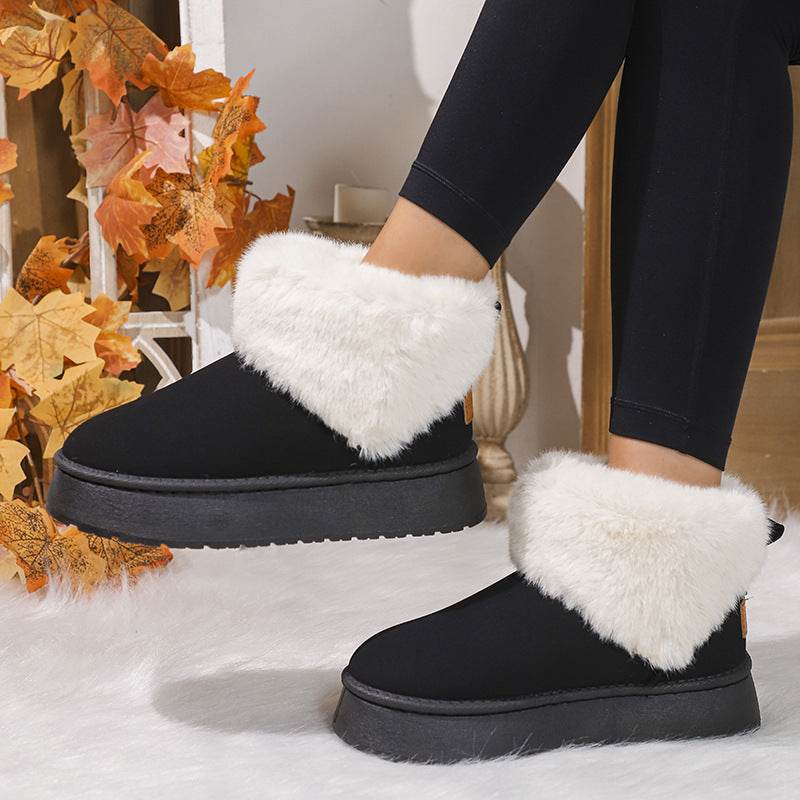 Winter Plush Snow Boots Fashion Round Toe Flat Thickened Suede Cotton Shoes For Women Casual Warm Short Boot - Mubimart