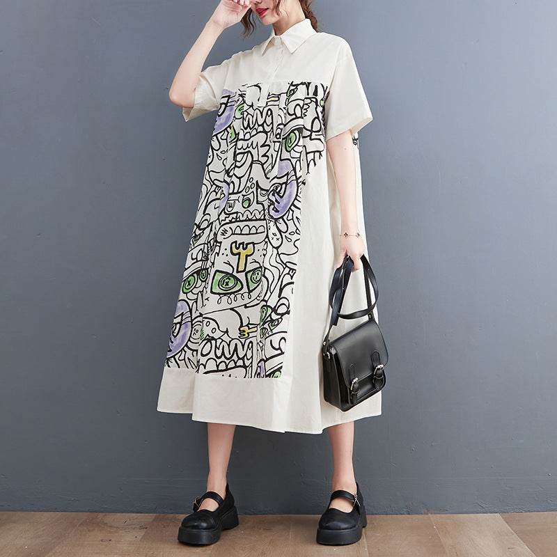 Plus Size Loose Fashion Short Sleeve Printed Mid Length Shirt Dress - Mubimart -  