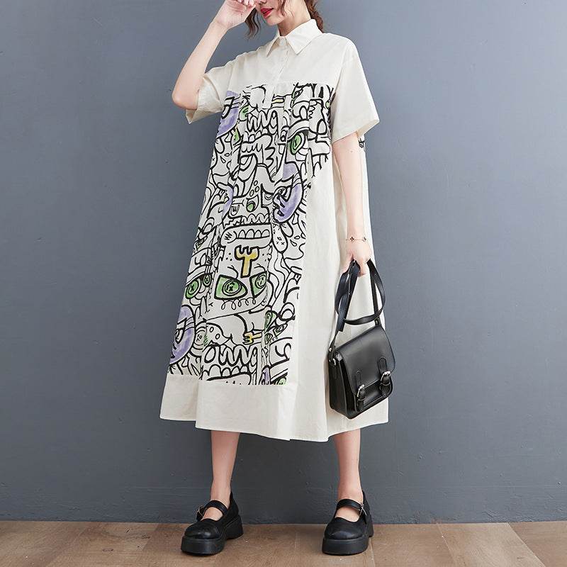 Plus Size Loose Fashion Short Sleeve Printed Mid Length Shirt Dress - Mubimart
