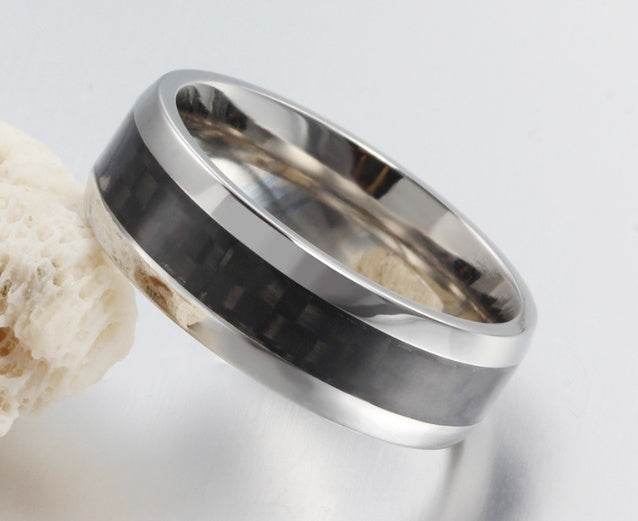 Black Carbon Fiber Inlay Men's Wedding Brand Ring Stainless Steel Jewelry Dropshopping 8mm - Mubimart