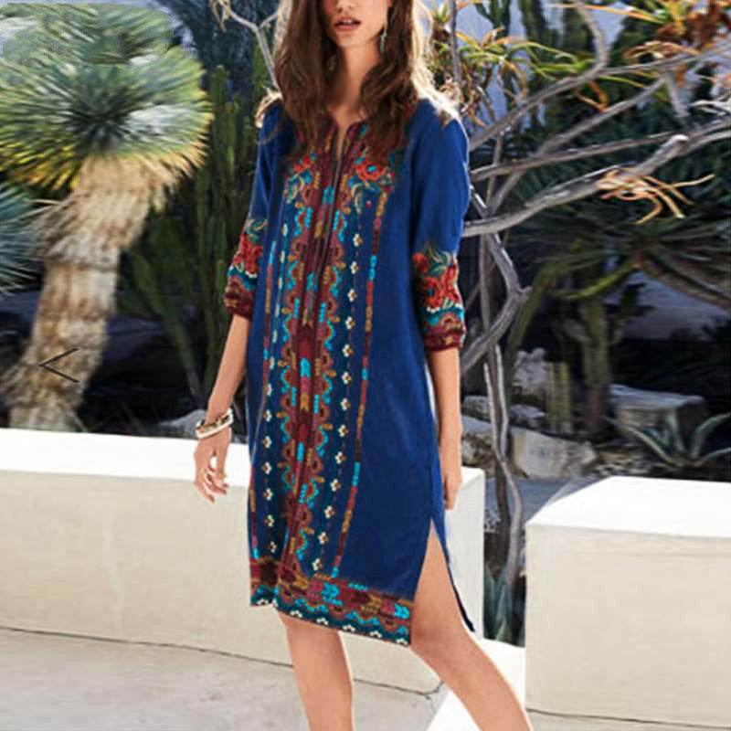 Printed casual tunic dress bohemian - Mubimart