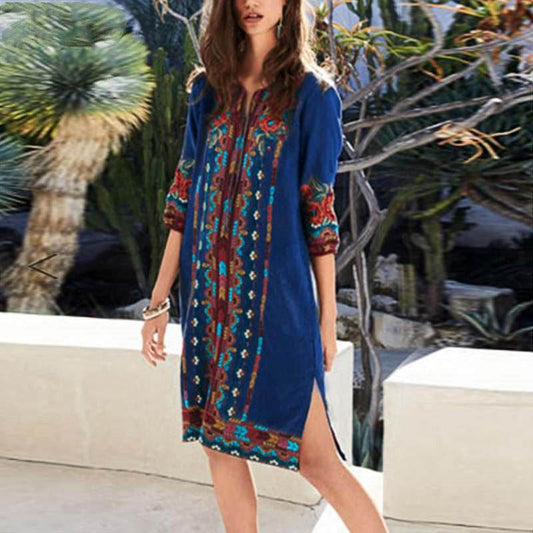 Printed casual tunic dress bohemian - Mubimart