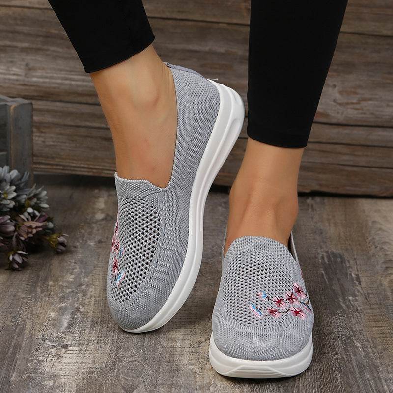Loafers Women Flowers Embroidery Shoes Breathable Mesh Flats - Mubimart