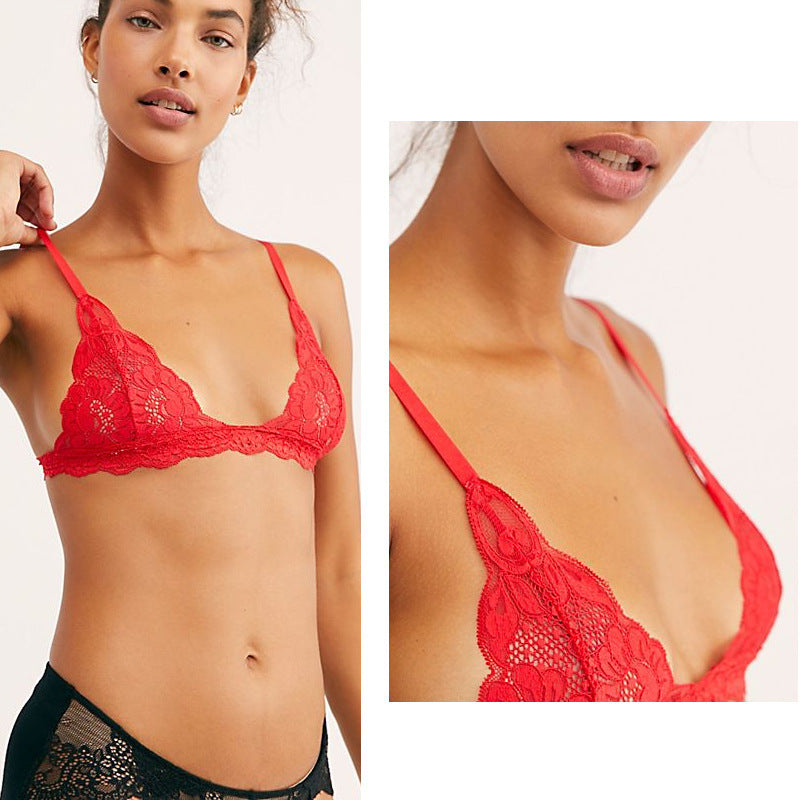 Sexy Lace Triangle Cup Bra Wireless Mesh Deep V Women's Bra Soft And Breathable - Mubimart -  