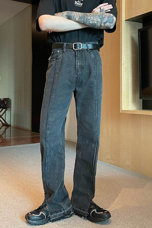 Straightleg Slit Jeans Mens Tide Brand Ins Oldfashioned Raw Edge Wideleg Pants - Mubimart