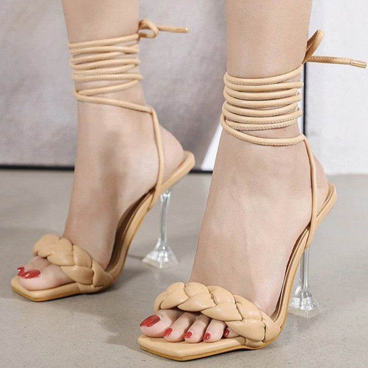 Weave Strappy Sandals Square Toe Stiletto High Heel Shoes Party Pumps - Mubimart