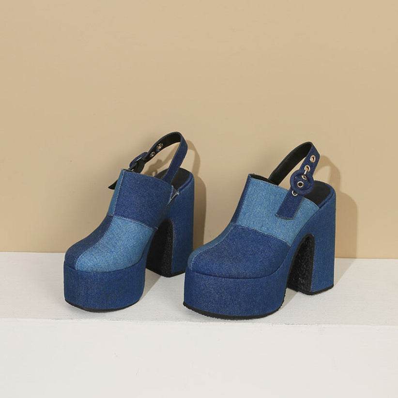 Color Block Denim High Heel Toe Box Slingback Sandals - Mubimart