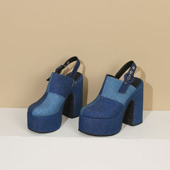 Color Block Denim High Heel Toe Box Slingback Sandals