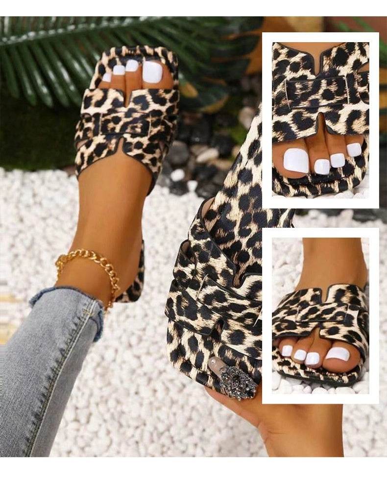 Leopard Print Square Head Women's Slipper - Mubimart